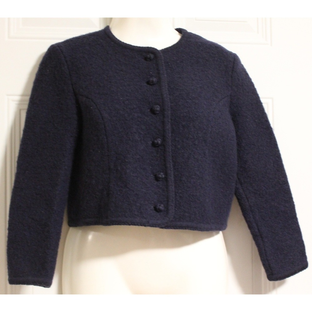 Lands' End Navy Blue Boiled Wool Cropped Cardigan Sweater Petite 6 Capsule Twee - Picture 4 of 6